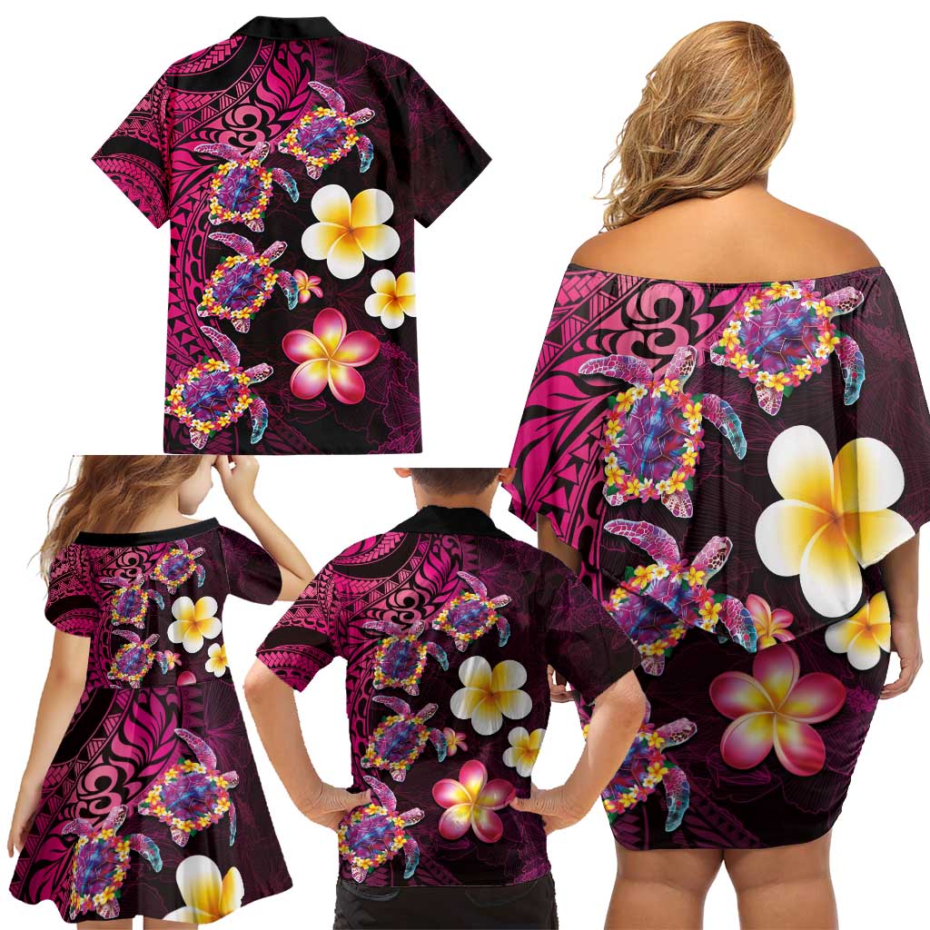 Hawaiian Turtles and Plumeria Family Matching Off Shoulder Short Dress and Hawaiian Shirt Polynesian Art Tribal Tattoo Cerise LT03 - Polynesian Pride
