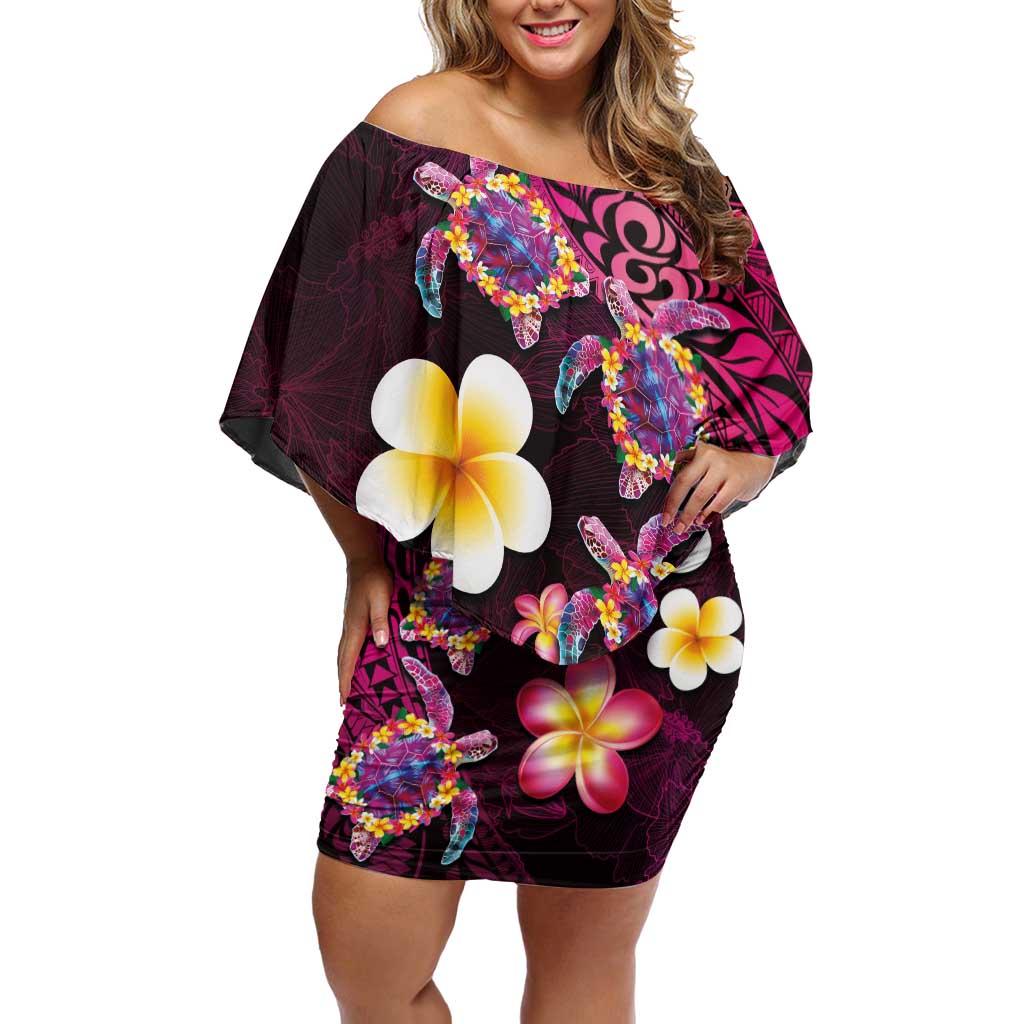 Hawaiian Turtles and Plumeria Family Matching Off Shoulder Short Dress and Hawaiian Shirt Polynesian Art Tribal Tattoo Cerise LT03 Mom's Dress Pink - Polynesian Pride