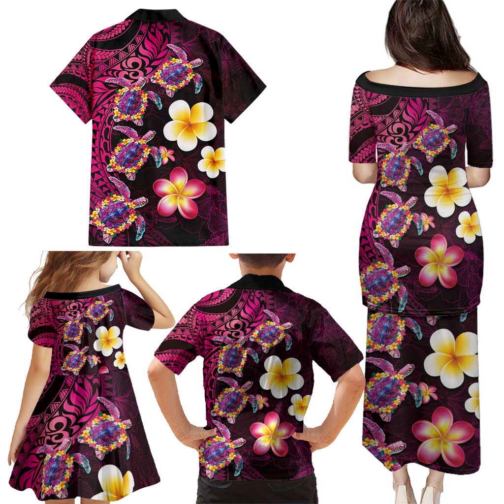 Hawaiian Turtles and Plumeria Family Matching Puletasi and Hawaiian Shirt Polynesian Art Tribal Tattoo Cerise LT03 - Polynesian Pride