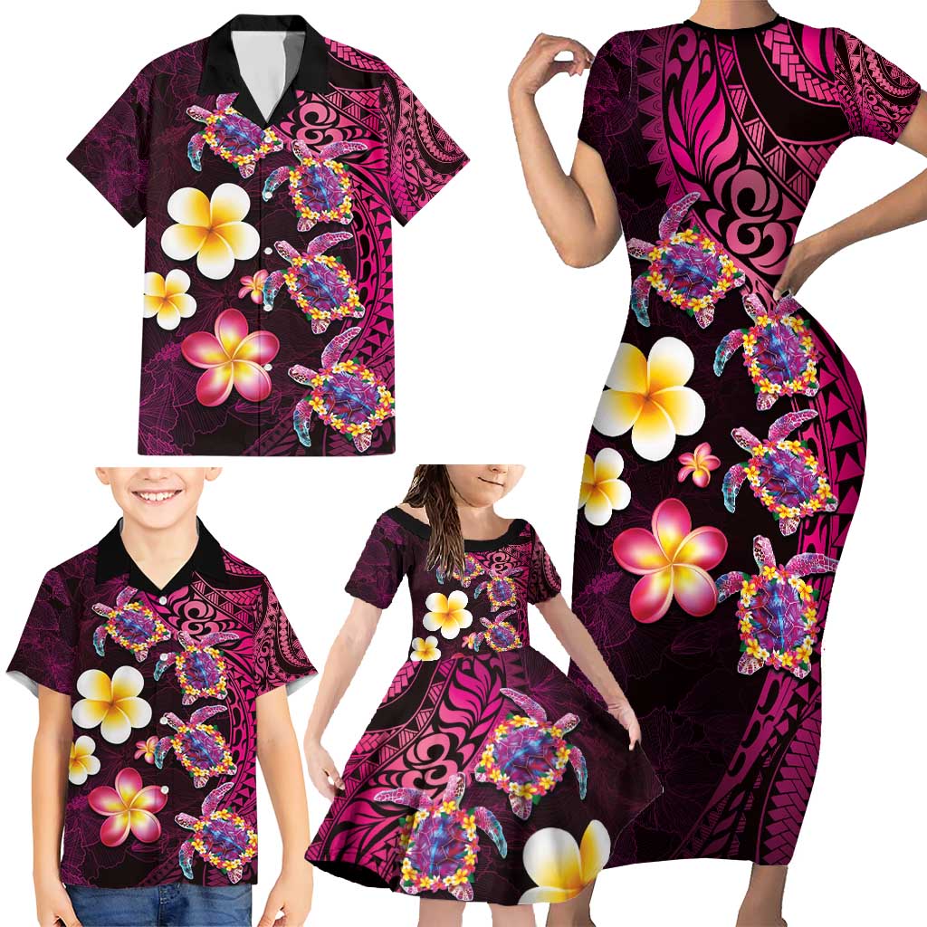 Hawaiian Turtles and Plumeria Family Matching Short Sleeve Bodycon Dress and Hawaiian Shirt Polynesian Art Tribal Tattoo Cerise LT03 - Polynesian Pride