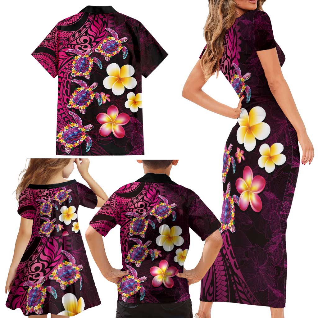 Hawaiian Turtles and Plumeria Family Matching Short Sleeve Bodycon Dress and Hawaiian Shirt Polynesian Art Tribal Tattoo Cerise LT03 - Polynesian Pride