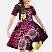 Hawaiian Turtles and Plumeria Family Matching Summer Maxi Dress and Hawaiian Shirt Polynesian Art Tribal Tattoo Cerise LT03 Daughter's Dress Pink - Polynesian Pride