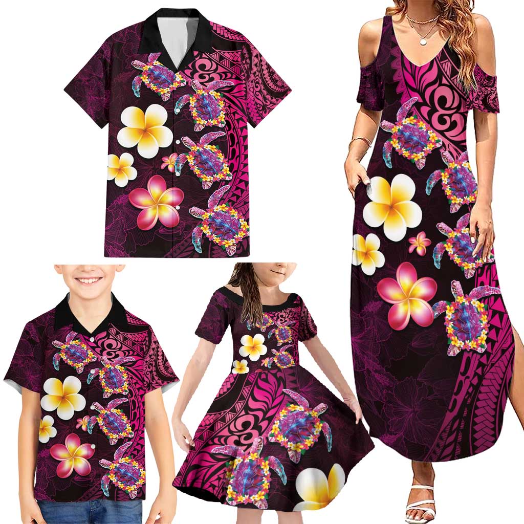 Hawaiian Turtles and Plumeria Family Matching Summer Maxi Dress and Hawaiian Shirt Polynesian Art Tribal Tattoo Cerise LT03 - Polynesian Pride
