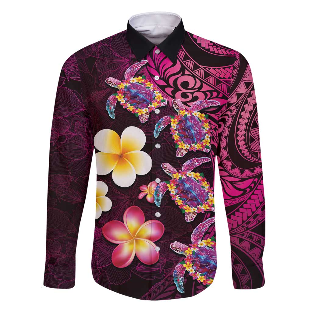 Hawaiian Turtles and Plumeria Family Matching Summer Maxi Dress and Hawaiian Shirt Polynesian Art Tribal Tattoo Cerise LT03 Dad's Shirt - Long Sleeve Pink - Polynesian Pride
