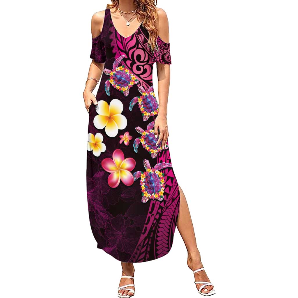 Hawaiian Turtles and Plumeria Family Matching Summer Maxi Dress and Hawaiian Shirt Polynesian Art Tribal Tattoo Cerise LT03 Mom's Dress Pink - Polynesian Pride