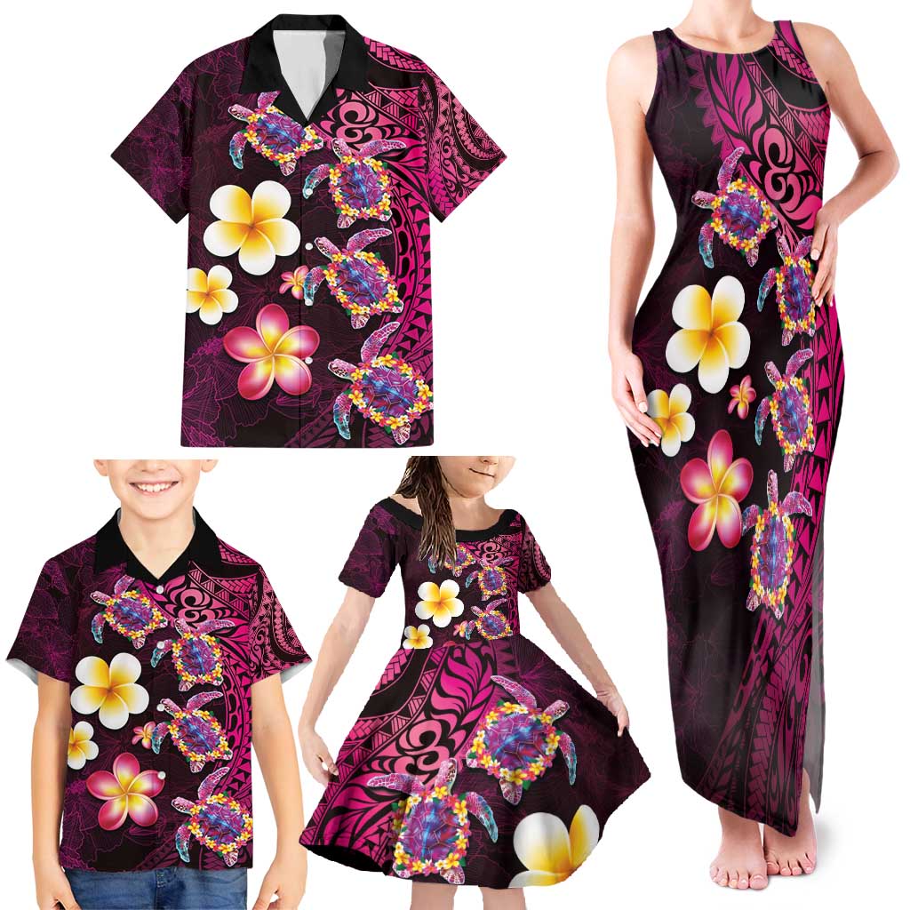 Hawaiian Turtles and Plumeria Family Matching Tank Maxi Dress and Hawaiian Shirt Polynesian Art Tribal Tattoo Cerise LT03 - Polynesian Pride
