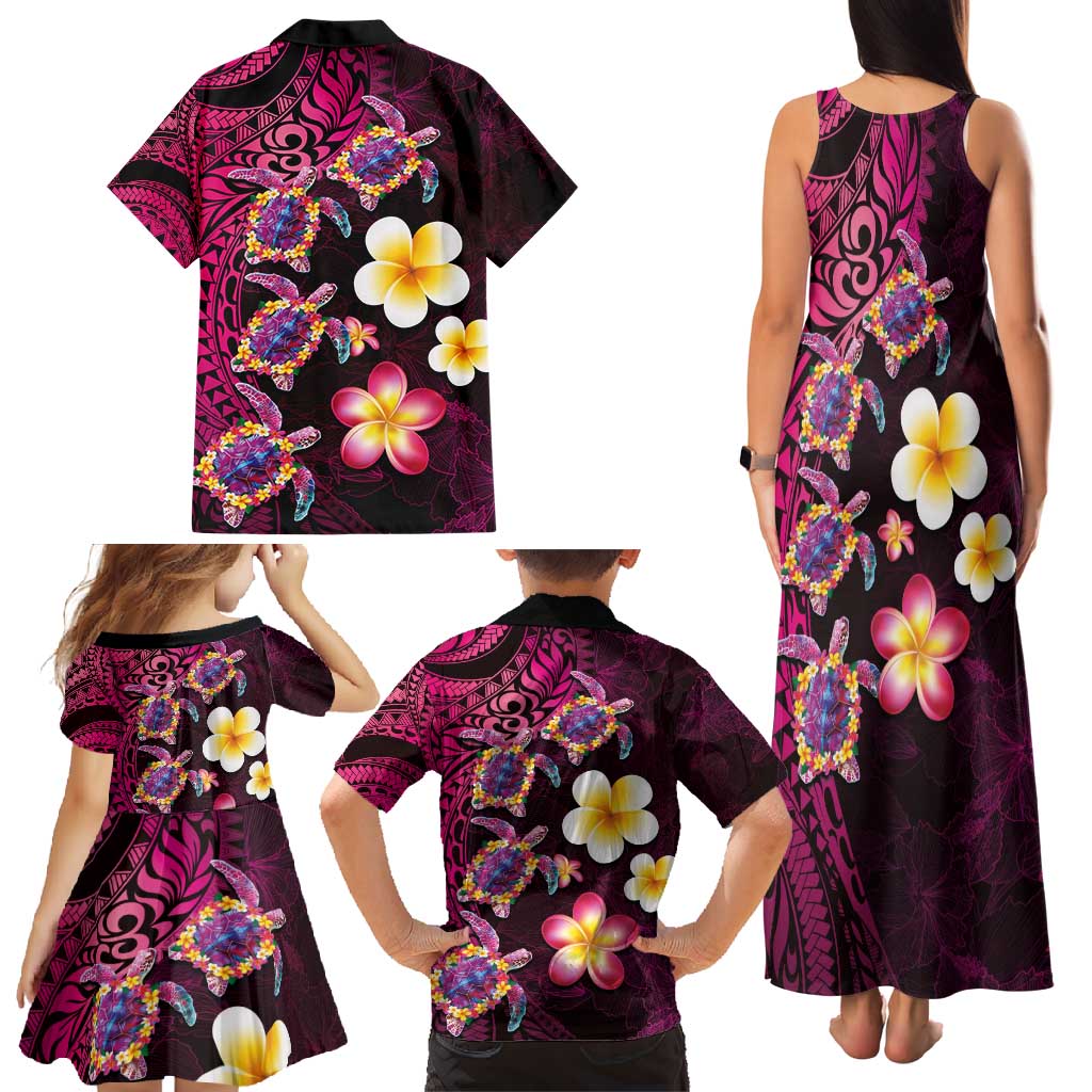 Hawaiian Turtles and Plumeria Family Matching Tank Maxi Dress and Hawaiian Shirt Polynesian Art Tribal Tattoo Cerise LT03 - Polynesian Pride