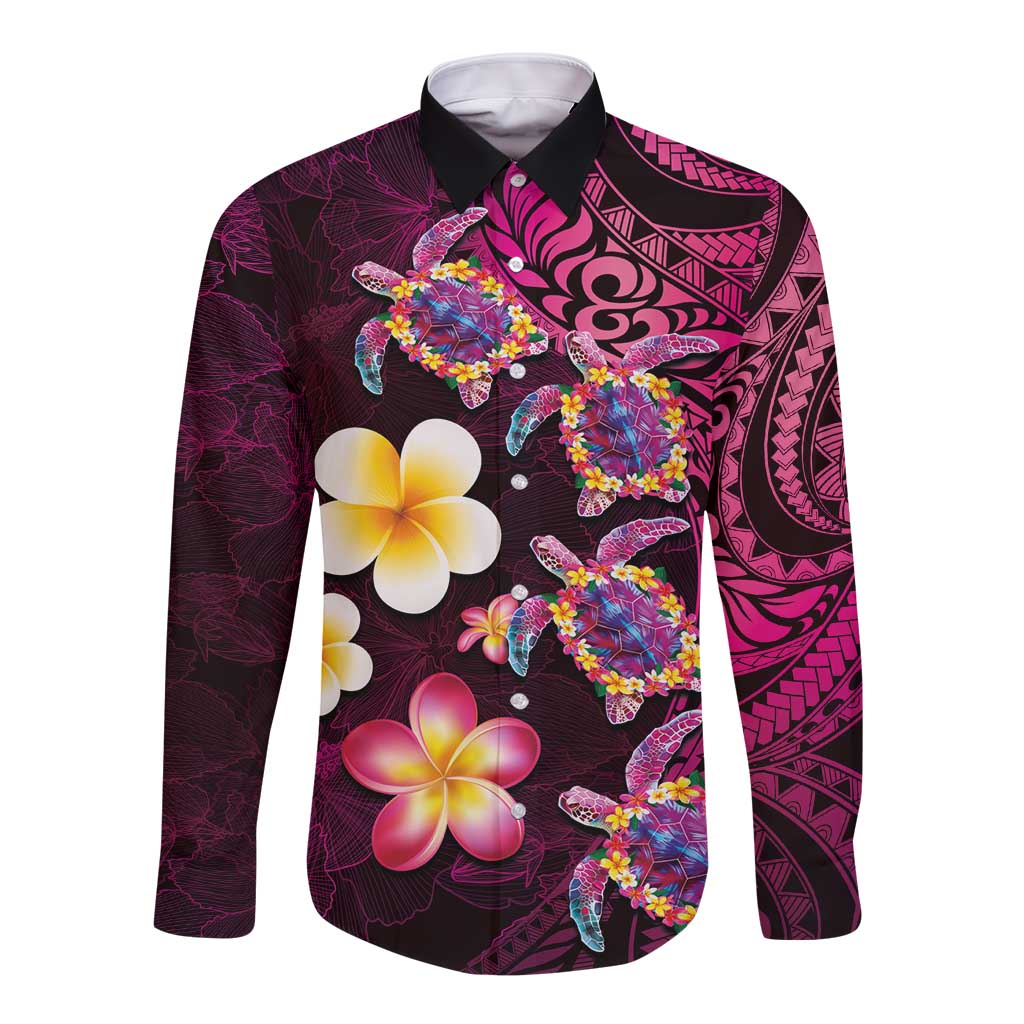 Hawaiian Turtles and Plumeria Long Sleeve Button Shirt - Polynesian Art Tribal Tattoo Cerise LT03