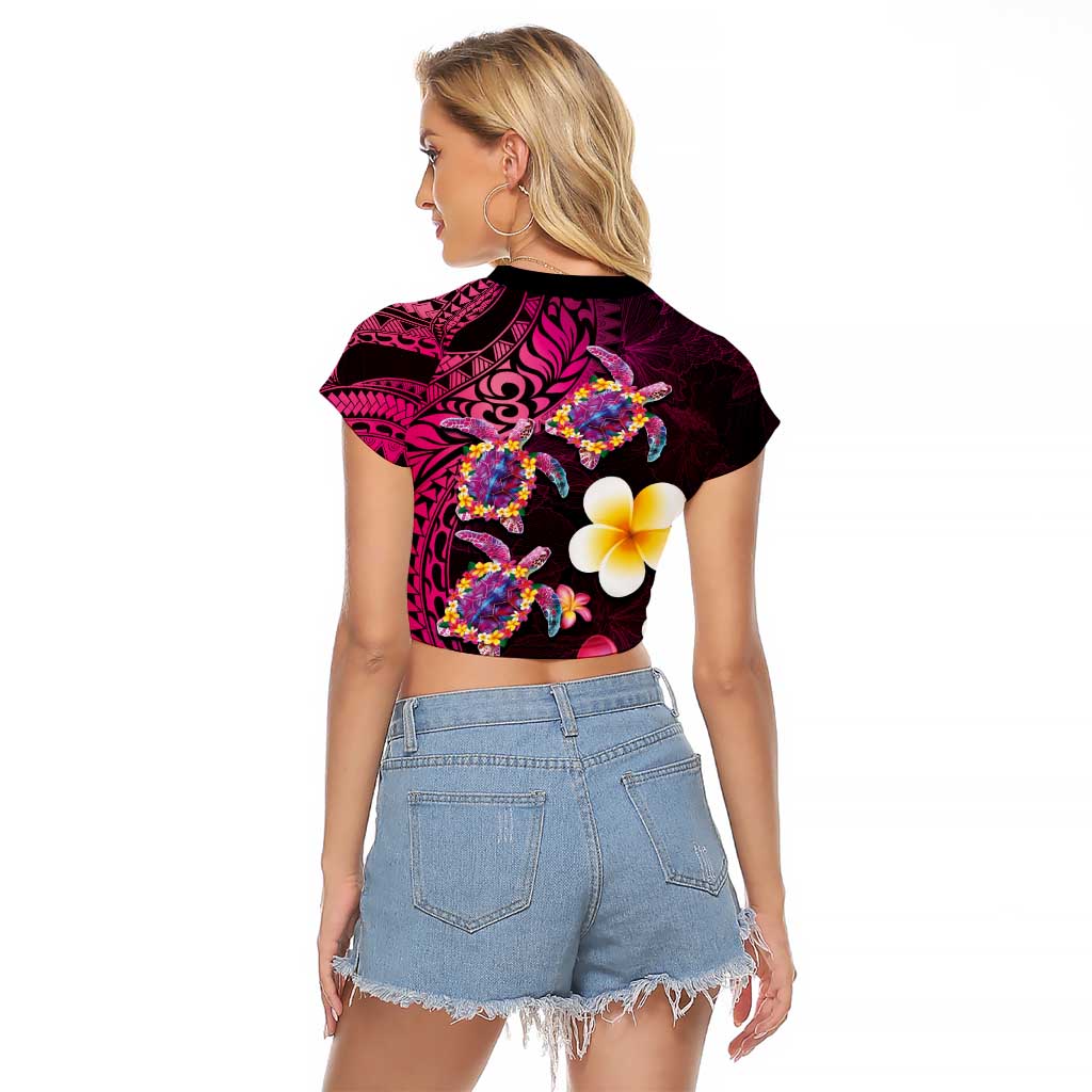 Hawaiian Turtles and Plumeria Raglan Cropped T Shirt Polynesian Art Tribal Tattoo Cerise