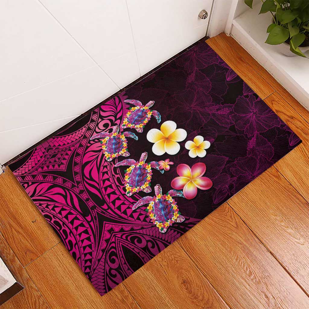 Hawaiian Turtles and Plumeria Rubber Doormat Polynesian Art Tribal Tattoo Cerise