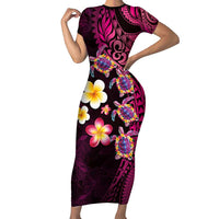 Hawaiian Turtles and Plumeria Short Sleeve Bodycon Dress Polynesian Art Tribal Tattoo Cerise LT03 Long Dress Pink - Polynesian Pride
