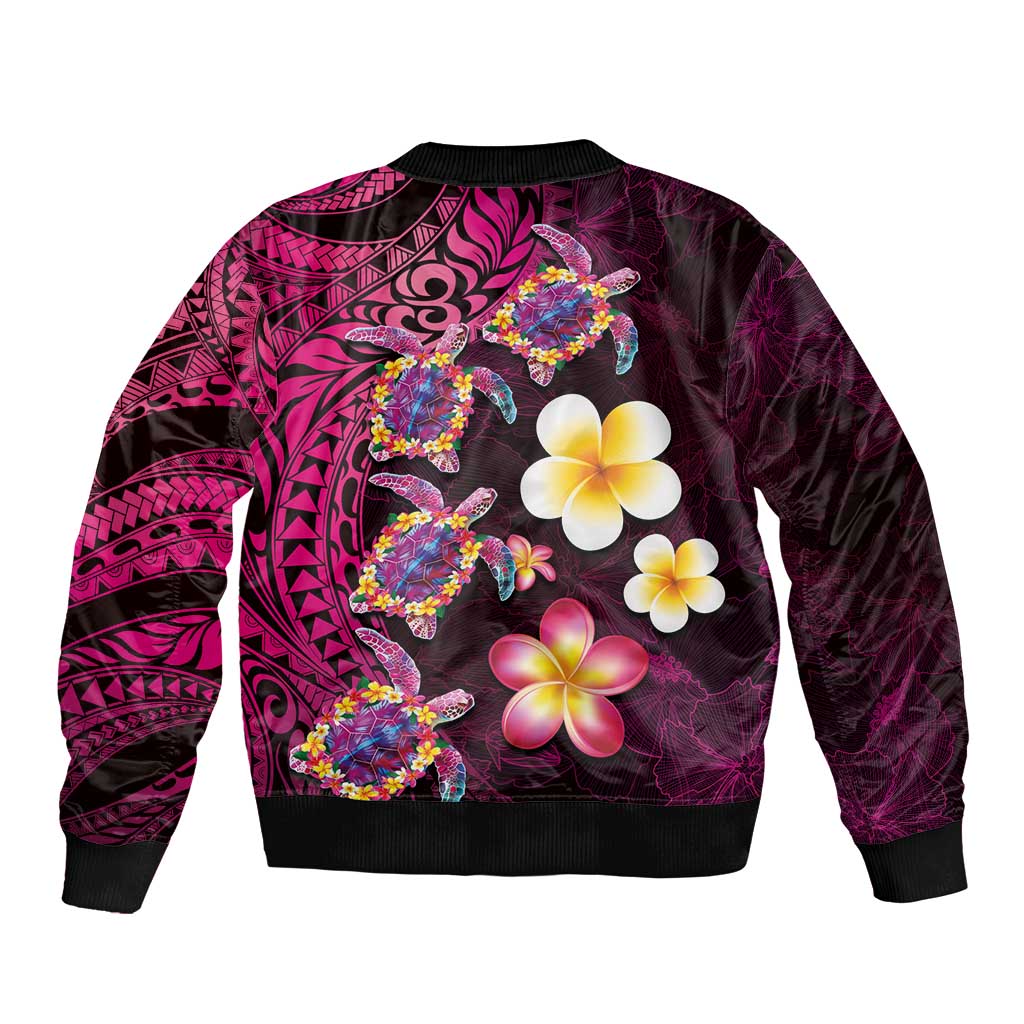 Hawaiian Turtles and Plumeria Sleeve Zip Bomber Jacket Polynesian Art Tribal Tattoo Cerise