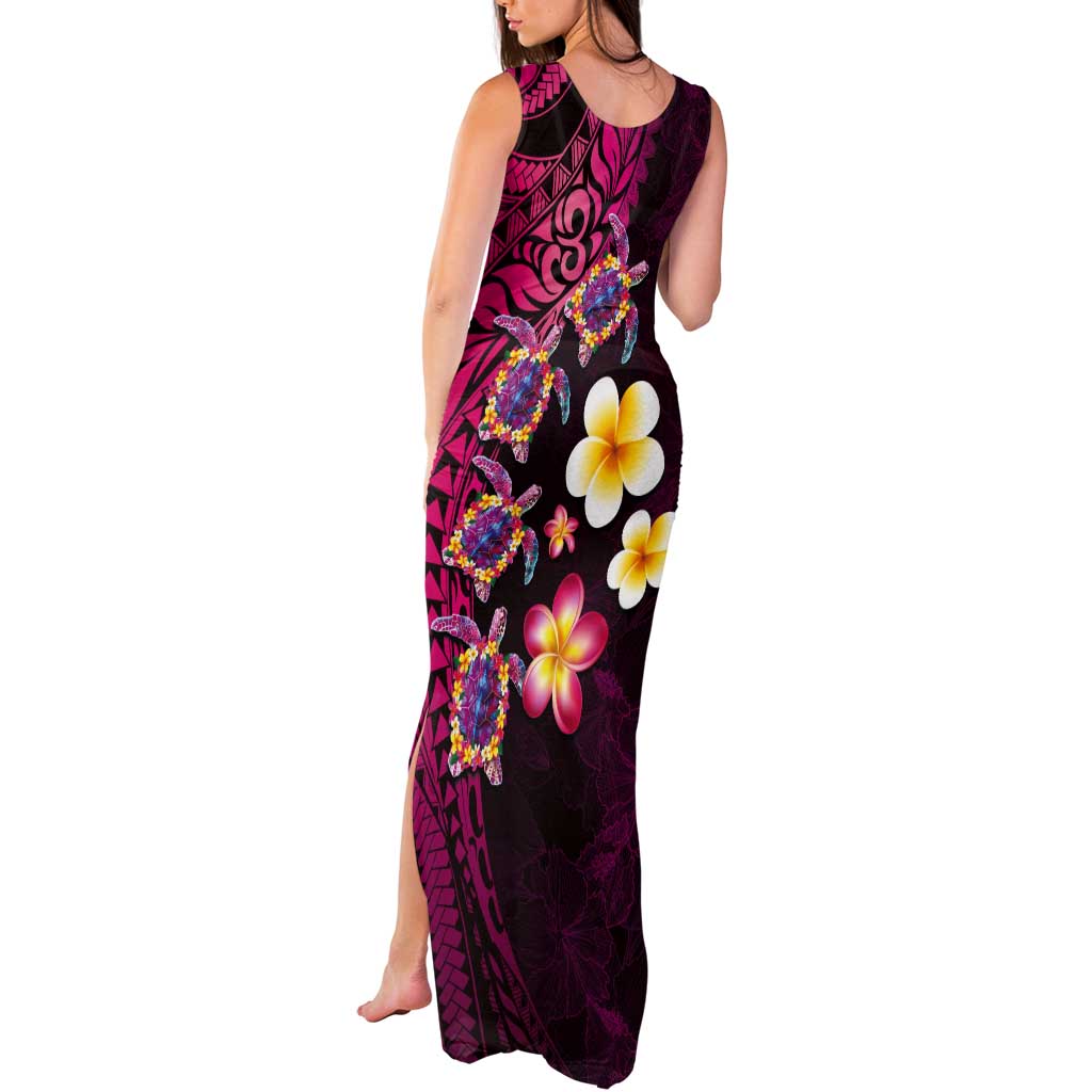 Hawaiian Turtles and Plumeria Tank Maxi Dress Polynesian Art Tribal Tattoo Cerise
