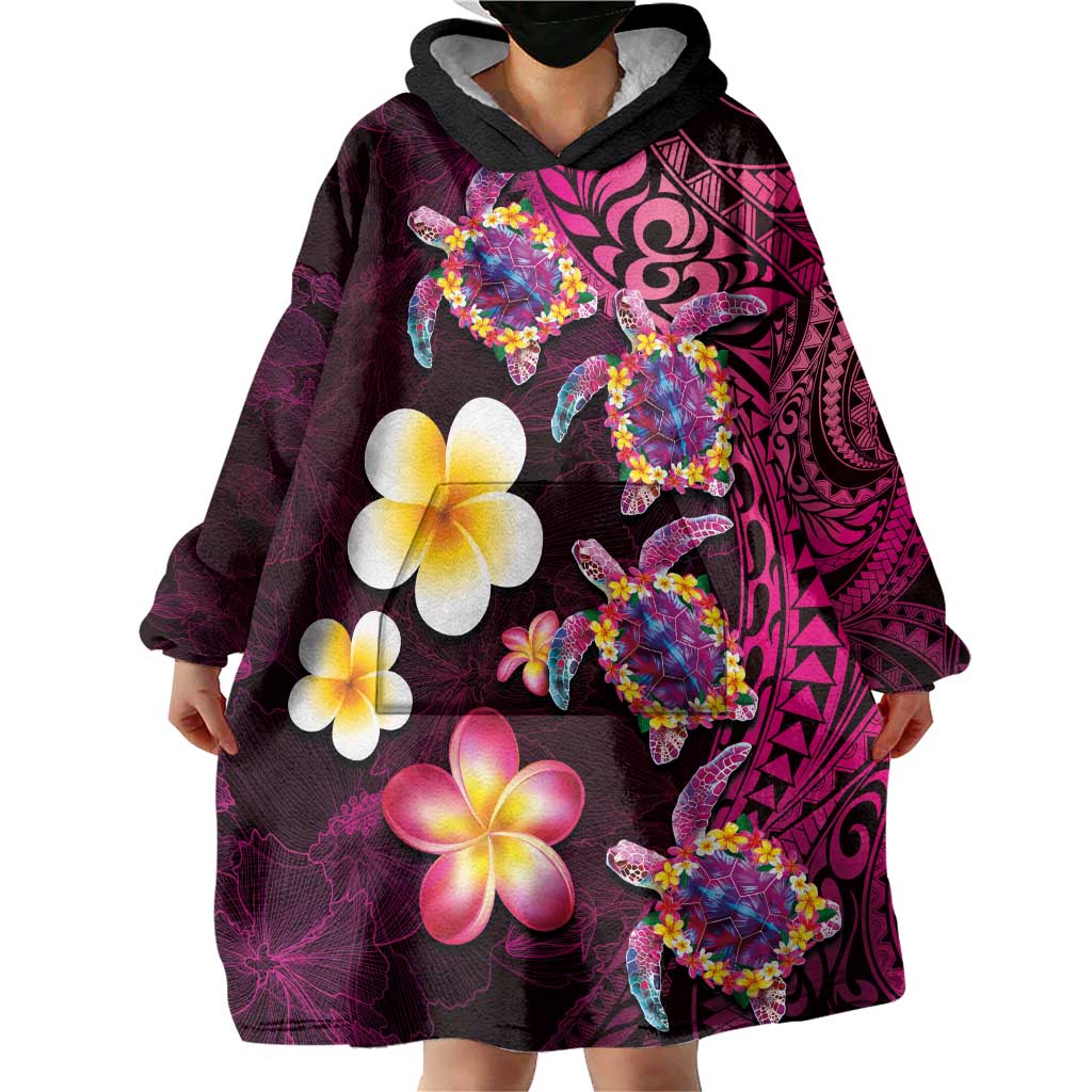 Hawaiian Turtles and Plumeria Wearable Blanket Hoodie Polynesian Art Tribal Tattoo Cerise LT03 - Polynesian Pride
