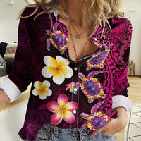 Hawaiian Turtles and Plumeria Women Casual Shirt Polynesian Art Tribal Tattoo Cerise LT03 Female Pink - Polynesian Pride