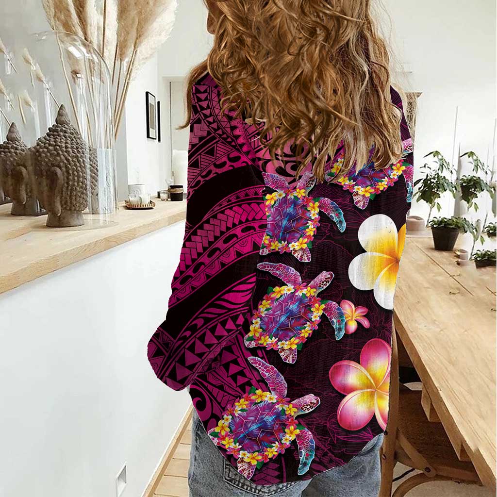 Hawaiian Turtles and Plumeria Women Casual Shirt Polynesian Art Tribal Tattoo Cerise LT03 - Polynesian Pride
