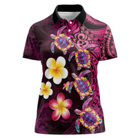 Hawaiian Turtles and Plumeria Women Polo Shirt Polynesian Art Tribal Tattoo Cerise LT03 Female Pink - Polynesian Pride
