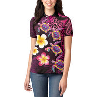 Hawaiian Turtles and Plumeria Women Polo Shirt Polynesian Art Tribal Tattoo Cerise LT03 - Polynesian Pride