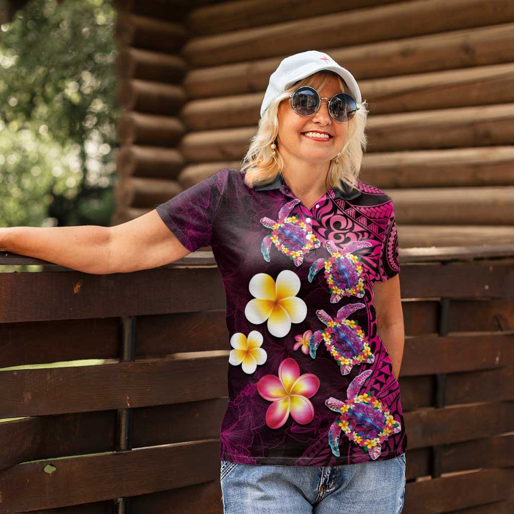 Hawaiian Turtles and Plumeria Women Polo Shirt Polynesian Art Tribal Tattoo Cerise LT03 - Polynesian Pride