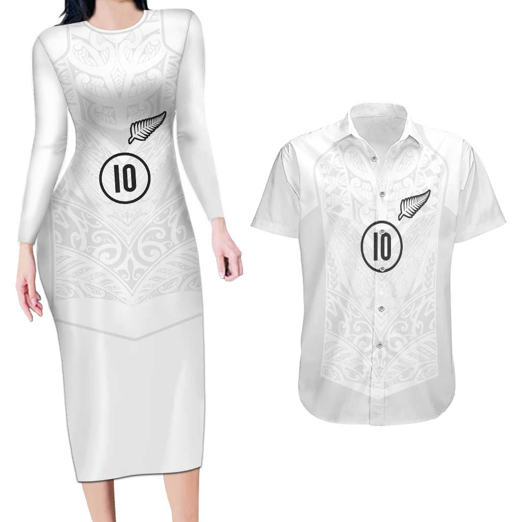 Custom New Zealand Football Couples Matching Long Sleeve Bodycon Dress and Hawaiian Shirt The Whites-Sporty T90 Style LT03 White - Polynesian Pride