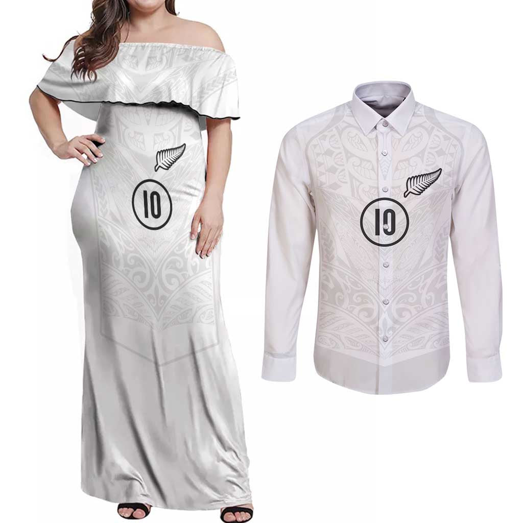 Custom New Zealand Football Couples Matching Off Shoulder Maxi Dress and Long Sleeve Button Shirt The Whites-Sporty T90 Style LT03 White - Polynesian Pride