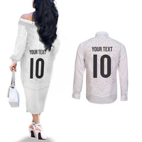 Custom New Zealand Football Couples Matching Off The Shoulder Long Sleeve Dress and Long Sleeve Button Shirt The Whites-Sporty T90 Style LT03 - Polynesian Pride