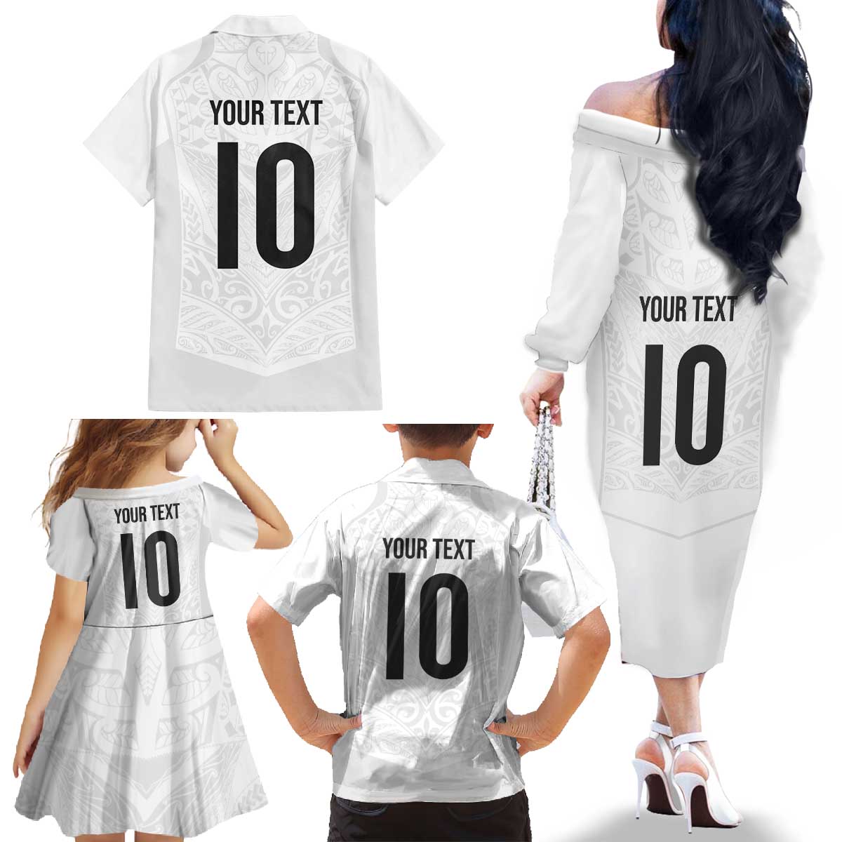 Custom New Zealand Football Family Matching Off The Shoulder Long Sleeve Dress and Hawaiian Shirt The Whites-Sporty T90 Style LT03 - Polynesian Pride