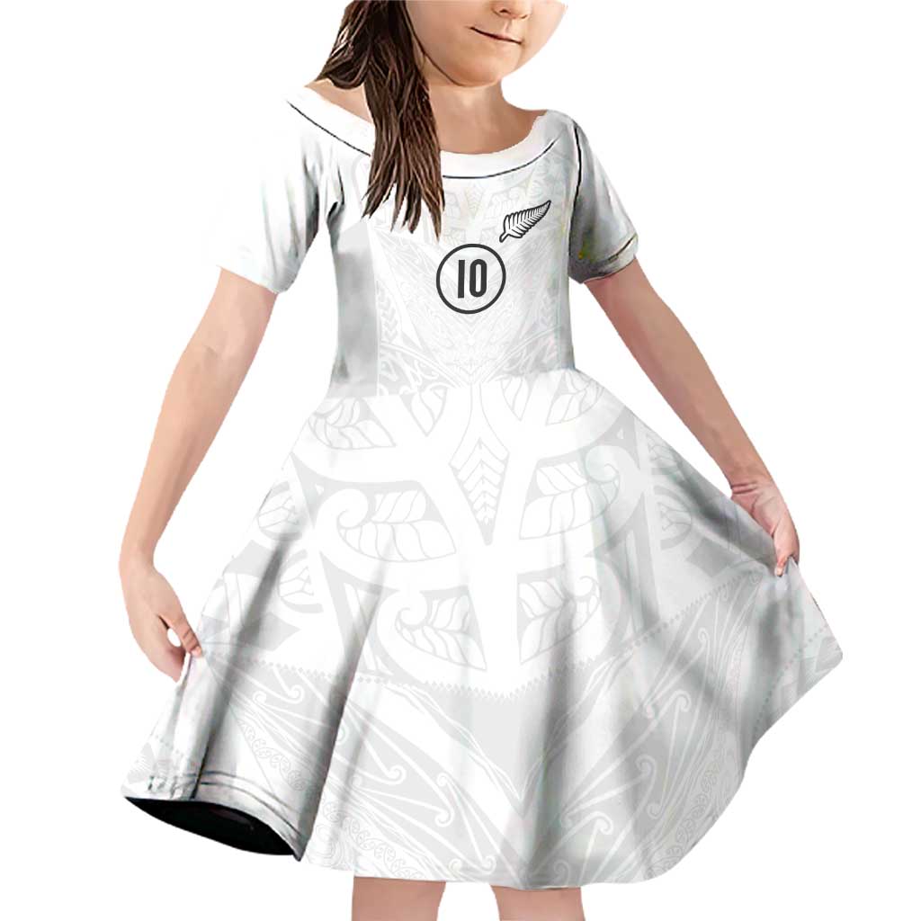 Custom New Zealand Football Family Matching Off Shoulder Short Dress and Hawaiian Shirt The Whites-Sporty T90 Style LT03 Daughter's Dress White - Polynesian Pride