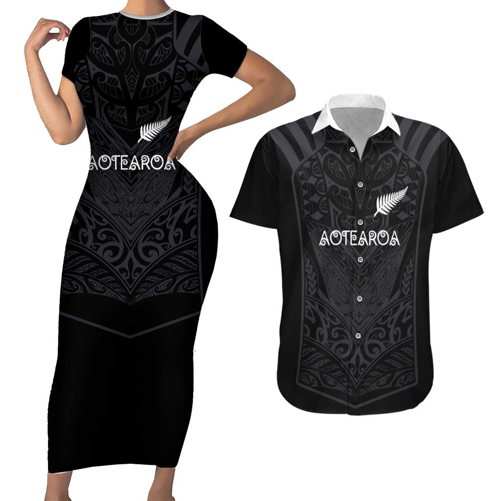 Custom Aotearoa Rugby Couples Matching Short Sleeve Bodycon Dress and Hawaiian Shirt The Blacks-Sporty T90 Style LT03 Black - Polynesian Pride