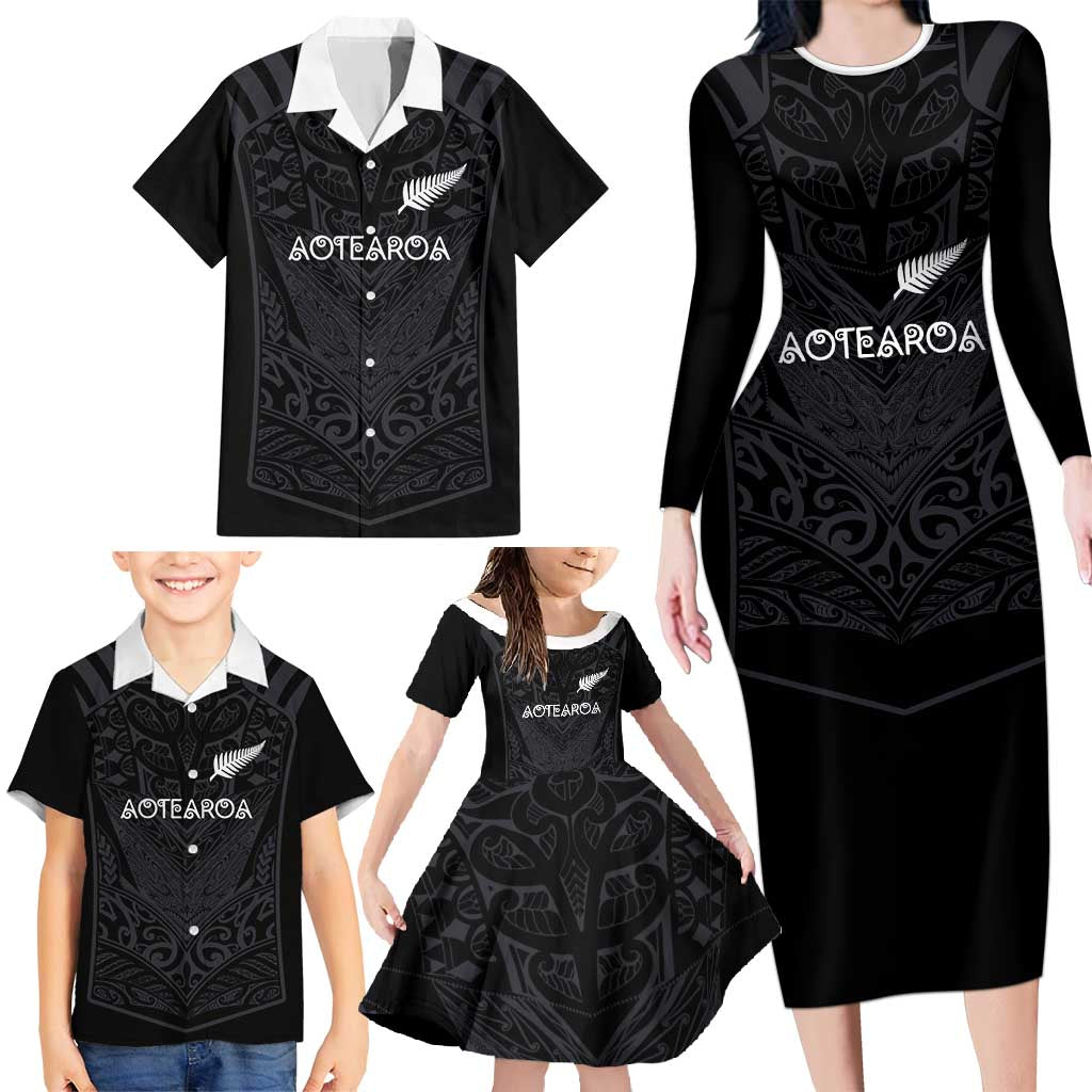 Custom Aotearoa Rugby Family Matching Long Sleeve Bodycon Dress and Hawaiian Shirt The Blacks-Sporty T90 Style LT03 - Polynesian Pride