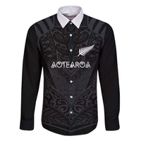 Custom Aotearoa Rugby Family Matching Mermaid Dress and Hawaiian Shirt The Blacks-Sporty T90 Style LT03 Dad's Shirt - Long Sleeve Black - Polynesian Pride
