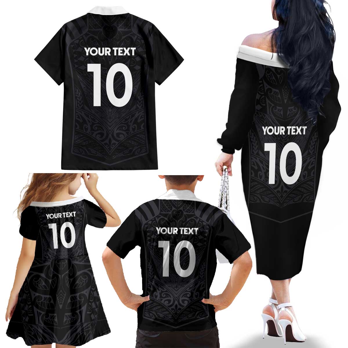 Custom Aotearoa Rugby Family Matching Off The Shoulder Long Sleeve Dress and Hawaiian Shirt The Blacks-Sporty T90 Style LT03 - Polynesian Pride