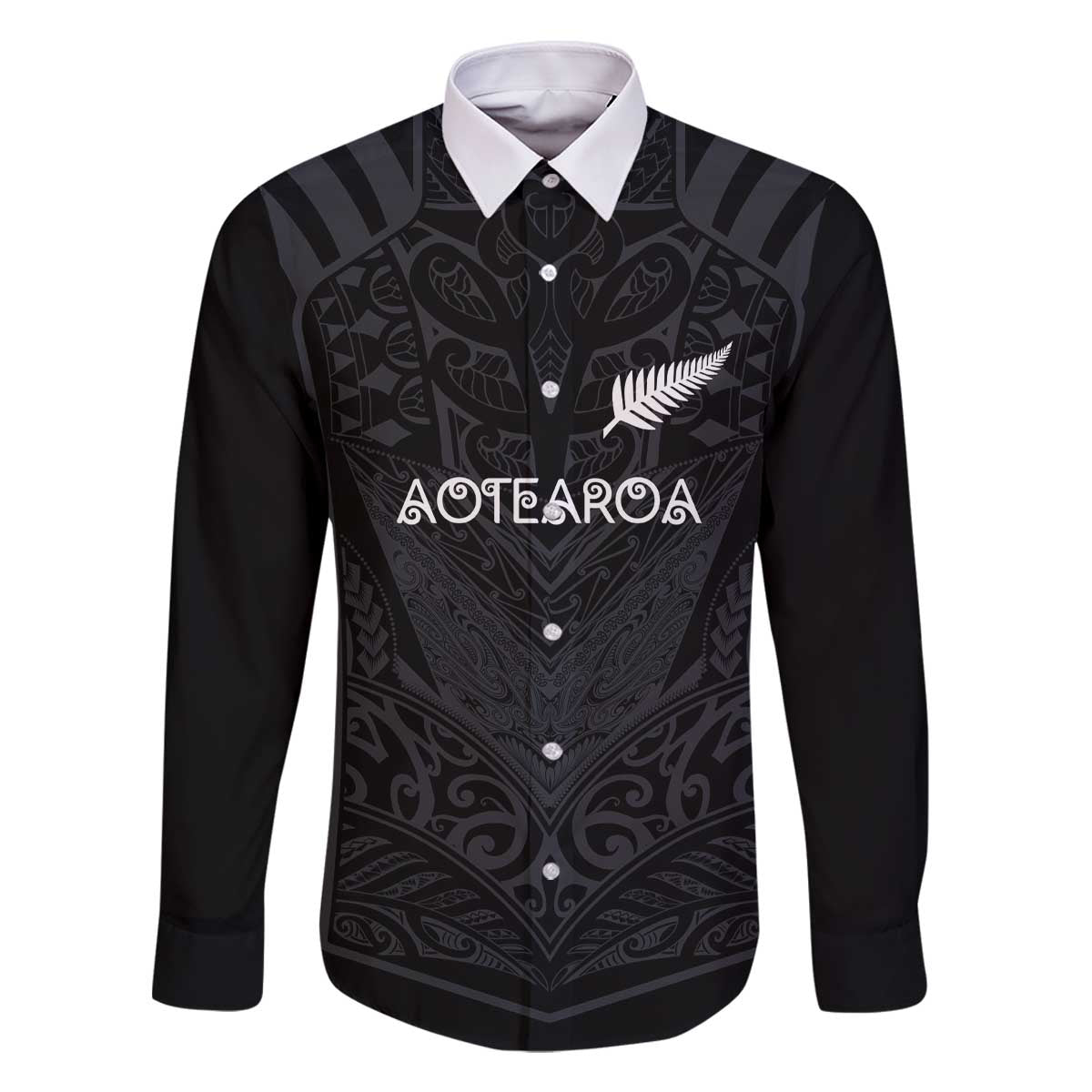 Custom Aotearoa Rugby Family Matching Off The Shoulder Long Sleeve Dress and Hawaiian Shirt The Blacks-Sporty T90 Style LT03 Dad's Shirt - Long Sleeve Black - Polynesian Pride