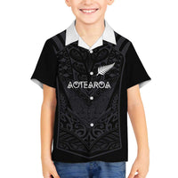 Custom Aotearoa Rugby Family Matching Off The Shoulder Long Sleeve Dress and Hawaiian Shirt The Blacks-Sporty T90 Style LT03 Son's Shirt Black - Polynesian Pride