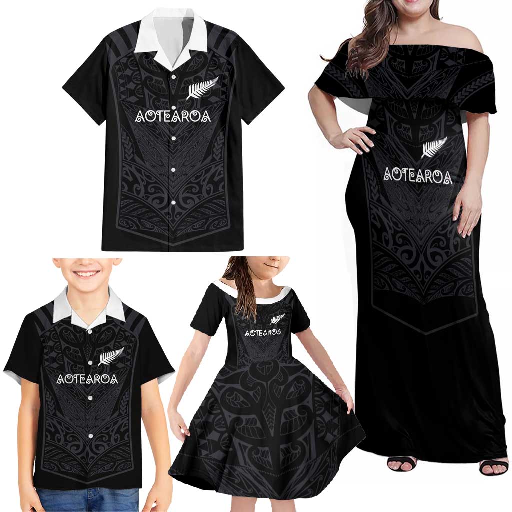 Custom Aotearoa Rugby Family Matching Off Shoulder Maxi Dress and Hawaiian Shirt The Blacks-Sporty T90 Style LT03 - Polynesian Pride