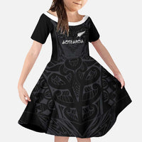 Custom Aotearoa Rugby Family Matching Short Sleeve Bodycon Dress and Hawaiian Shirt The Blacks-Sporty T90 Style LT03 Daughter's Dress Black - Polynesian Pride