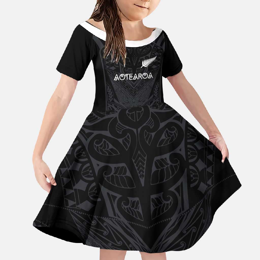 Custom Aotearoa Rugby Family Matching Summer Maxi Dress and Hawaiian Shirt The Blacks-Sporty T90 Style LT03 Daughter's Dress Black - Polynesian Pride
