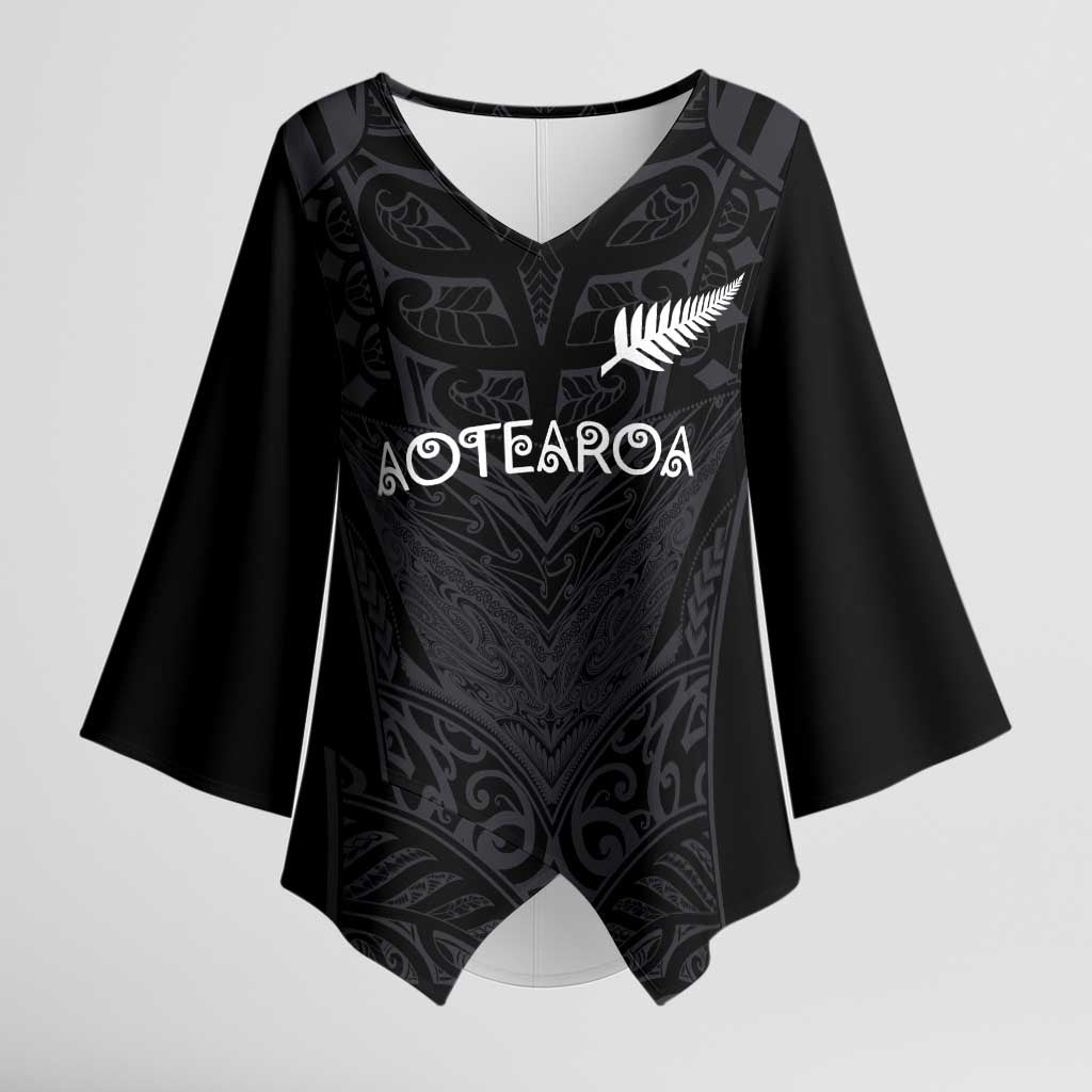 Custom Aotearoa Rugby Kimono Sleeve Blouse The Blacks-Sporty T90 Style LT03 Female Black - Polynesian Pride