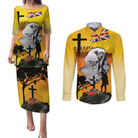 Niue ANZAC Day Couples Matching Puletasi and Long Sleeve Button Shirt Soldier and Gallipoli Lest We Forget LT03 Yellow - Polynesian Pride