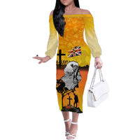 Niue ANZAC Day Family Matching Off Shoulder Long Sleeve Dress and Hawaiian Shirt Soldier and Gallipoli Lest We Forget LT03 Mom's Dress Yellow - Polynesian Pride