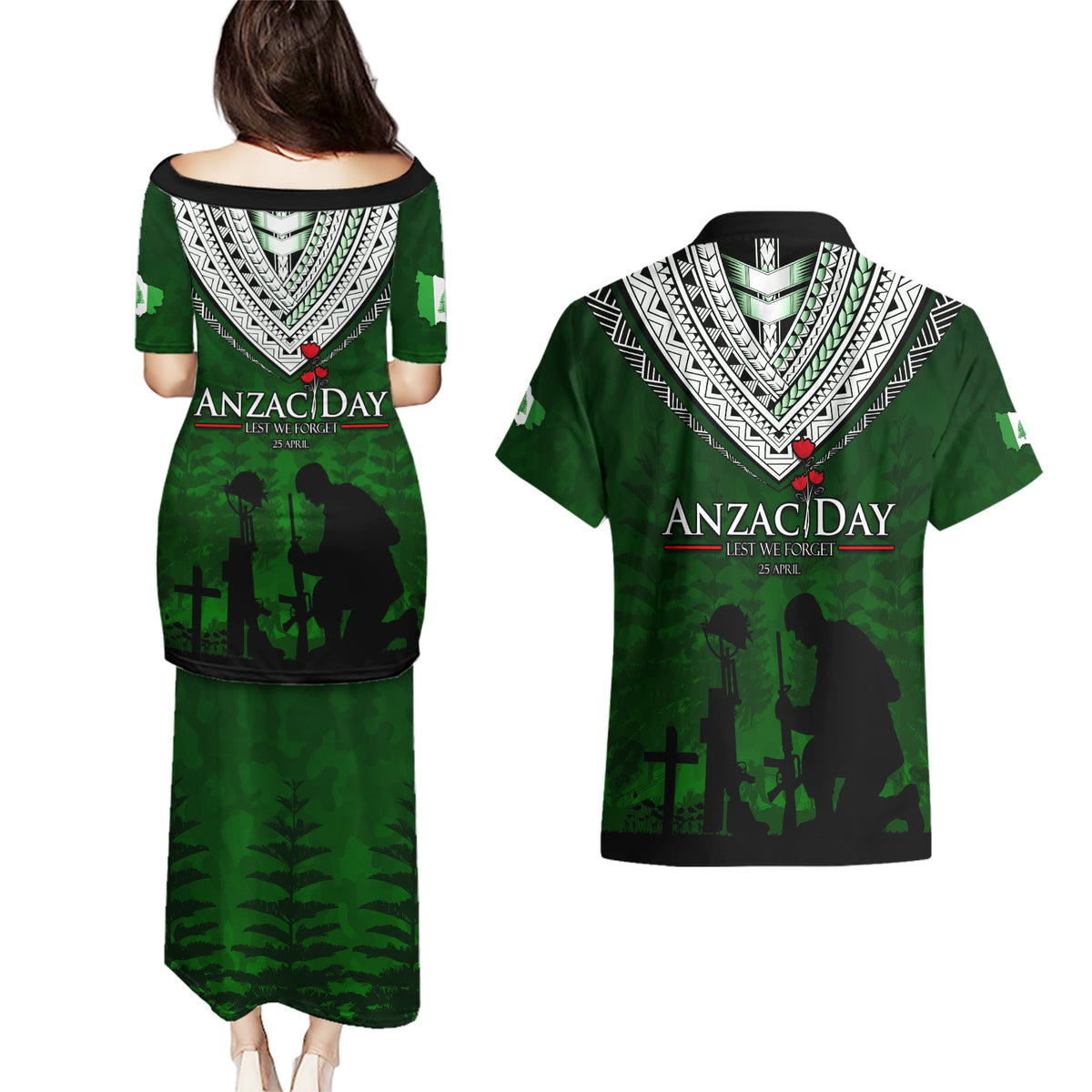 Norfolk Island ANZAC Day Couples Matching Puletasi and Hawaiian Shirt Soldier Lest We Forget Camouflage LT03 - Polynesian Pride