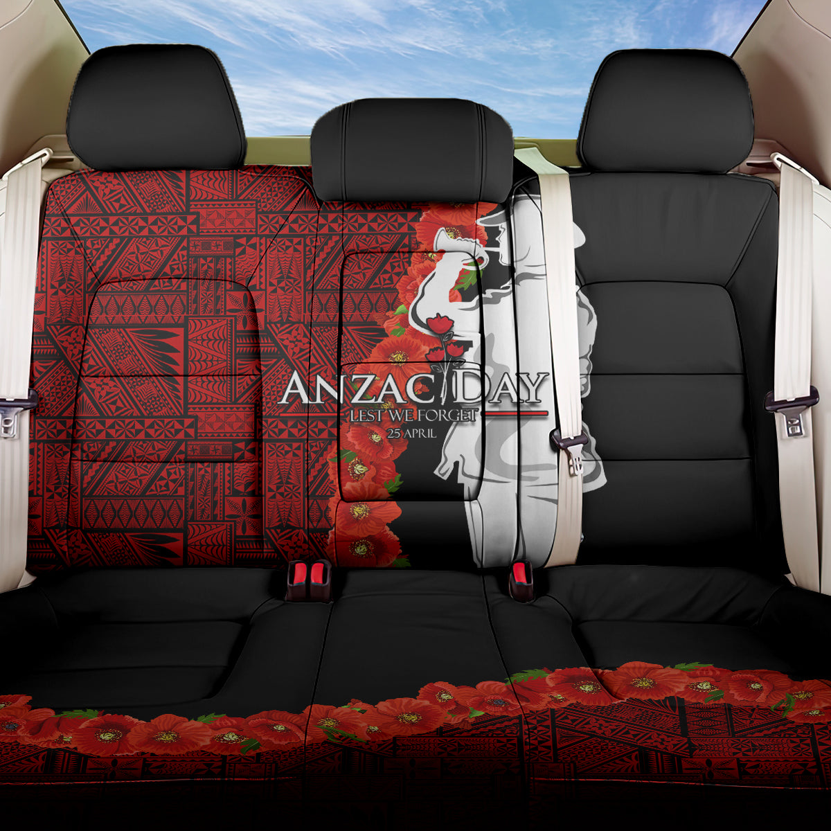 Tonga ANZAC Day Back Car Seat Cover Red Poppies Flower Soldier Lest We Forget LT03 One Size Red - Polynesian Pride