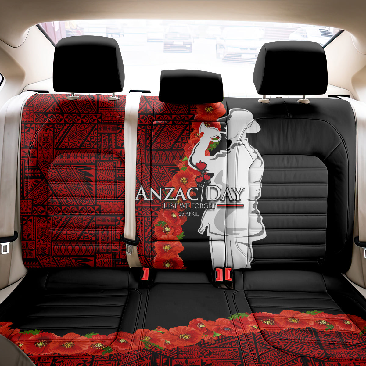 Tonga ANZAC Day Back Car Seat Cover Red Poppies Flower Soldier Lest We Forget LT03 - Polynesian Pride