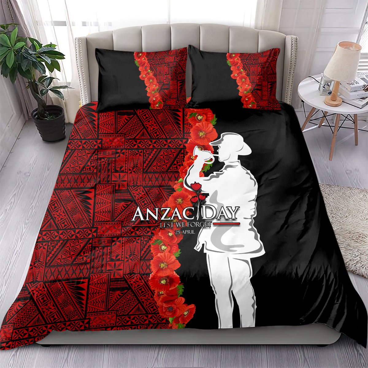 Tonga ANZAC Day Bedding Set Red Poppies Flower Soldier Lest We Forget LT03 - Polynesian Pride