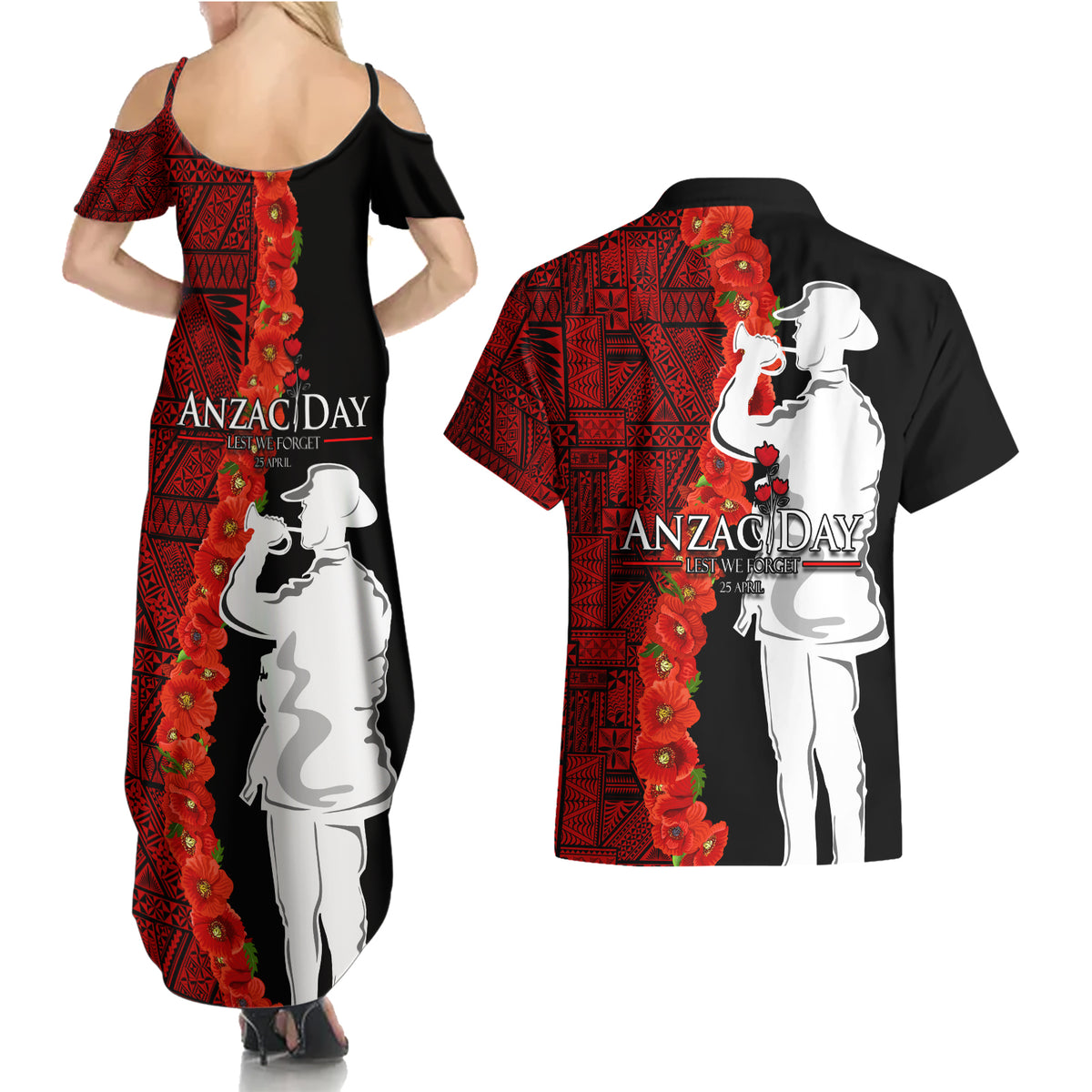 Tonga ANZAC Day Couples Matching Summer Maxi Dress and Hawaiian Shirt Red Poppies Flower Soldier Lest We Forget LT03 - Polynesian Pride
