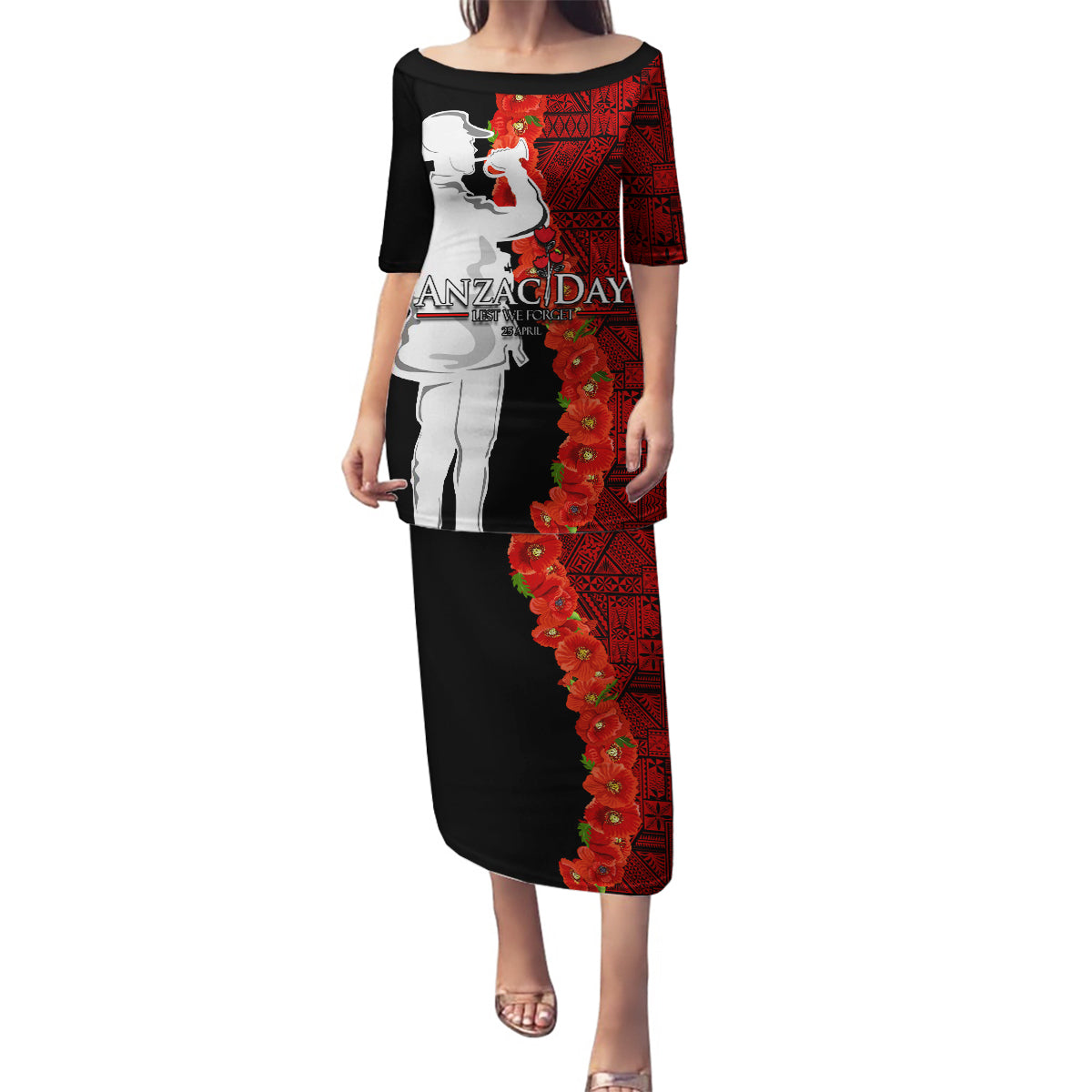 Tonga ANZAC Day Family Matching Puletasi and Hawaiian Shirt Red Poppies Flower Soldier Lest We Forget LT03 Mom's Dress Red - Polynesian Pride