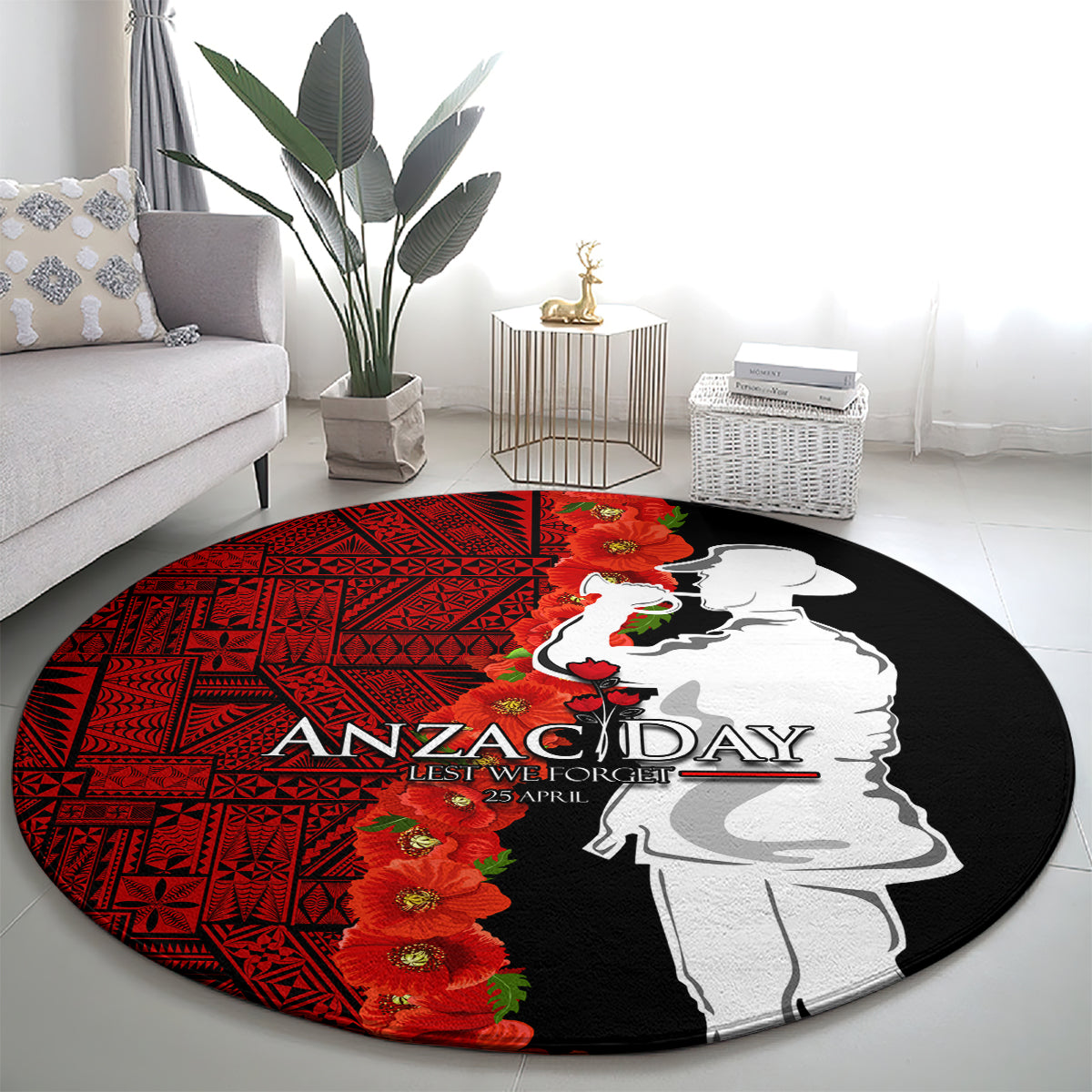 Tonga ANZAC Day Round Carpet Red Poppies Flower Soldier Lest We Forget LT03 - Polynesian Pride