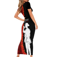 Tonga ANZAC Day Short Sleeve Bodycon Dress Red Poppies Flower Soldier Lest We Forget LT03 - Polynesian Pride