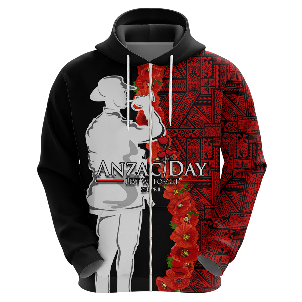 Tonga ANZAC Day Zip Hoodie Red Poppies Flower Soldier Lest We Forget LT03 - Polynesian Pride