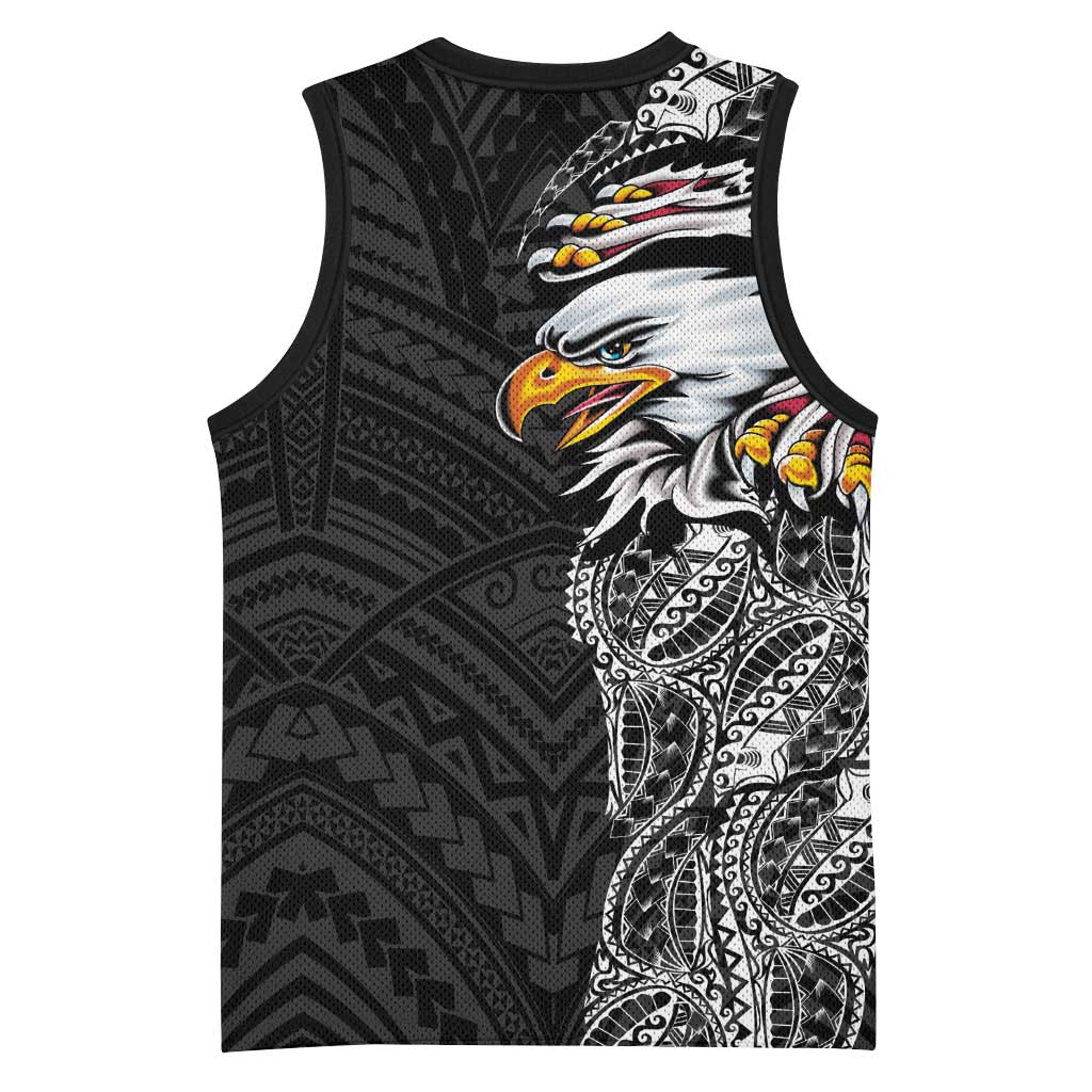American Samoa Flag Day Basketball Jersey Tribal Tattoo with Eagle Black